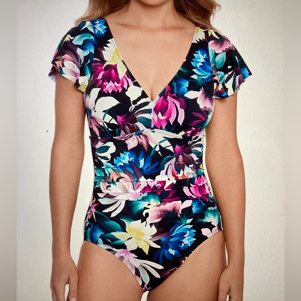 NWT Swim Solutions Floral-Print Flutter-Sleeve One-Piece Swimsuit - size 10